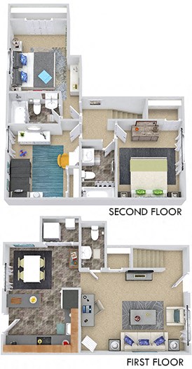 Woodmont 3D 3D Woodmont 3 Bedroom townhome. kitchen-dining-living-half bath-in-unit laundry on first floor. bedrooms and 2 full baths on 2nd floor.